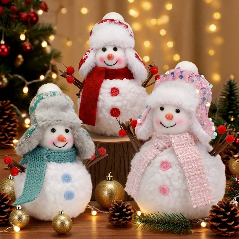 Yonsya Set of 3 Christmas Snowmen Plush Decorations, Xmas Farmhouse Tiered Tray Tree Christmas Decor Collectible Figurines - Home Tabletop Elf Ornaments (3, Snowmen) - Image 1