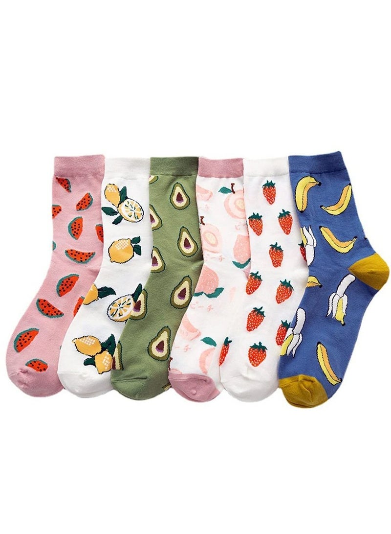 SYOSI Fruit Mid-tube Cotton Socks, 6 Pairs Sports Fitness Cute Breathable Cotton Socks Household Items (Watermelon, Lemon, Strawberry, Avocado, Peach, Banana) - Image 1