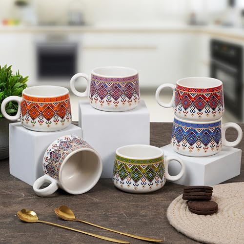 CRAF10 Handcrafted Ceramic Print Bliss Teapot Cup Set - 1 Kettle (1 Litre) & 6 Cups (160 ML), Elegant, Microwave & Dishwasher Safe | Morning Set | Tea Sets with Kettle for Gifting - Image 2