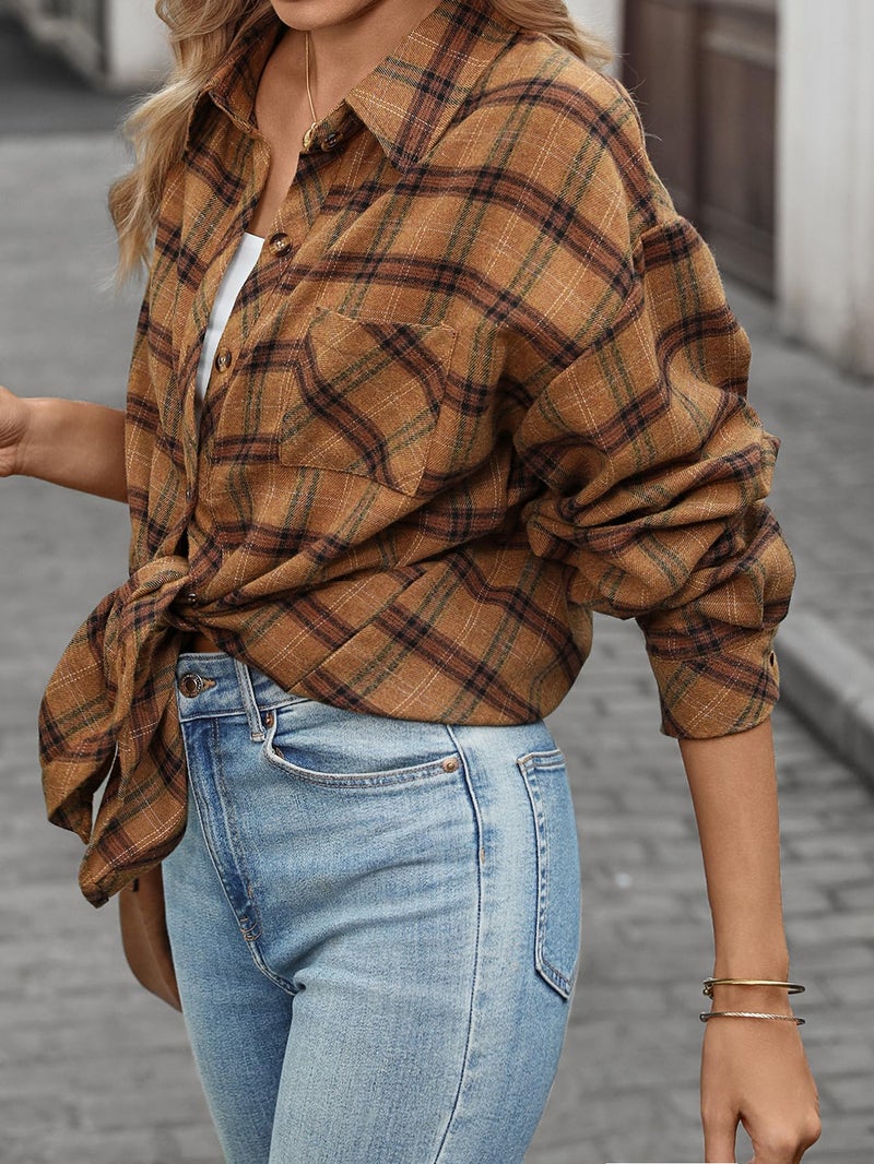 CHYRII Womens Oversized Flannel Shirts Button Down Long Sleeve Plaid Shirt Business Casual Blouse Top Leaf Brown XL - Image 5