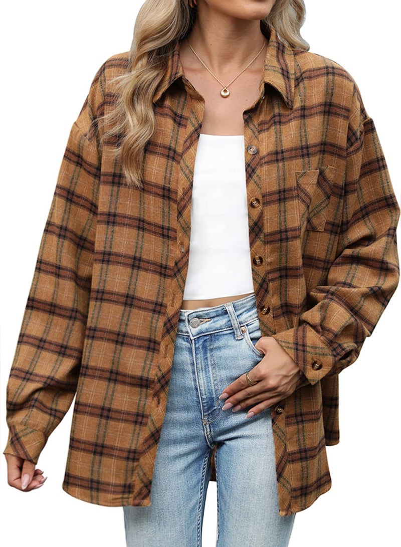 CHYRII Womens Oversized Flannel Shirts Button Down Long Sleeve Plaid Shirt Business Casual Blouse Top Leaf Brown XL - Image 1