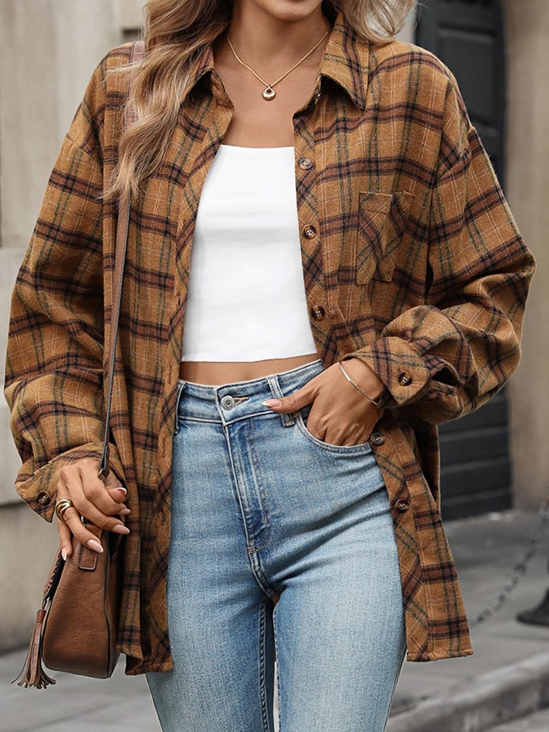 CHYRII Womens Oversized Flannel Shirts Button Down Long Sleeve Plaid Shirt Business Casual Blouse Top Leaf Brown XL - Image 4