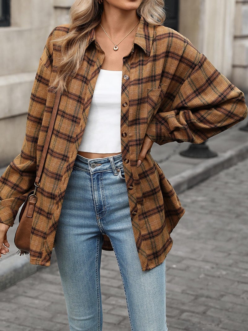 CHYRII Womens Oversized Flannel Shirts Button Down Long Sleeve Plaid Shirt Business Casual Blouse Top Leaf Brown XL - Image 2