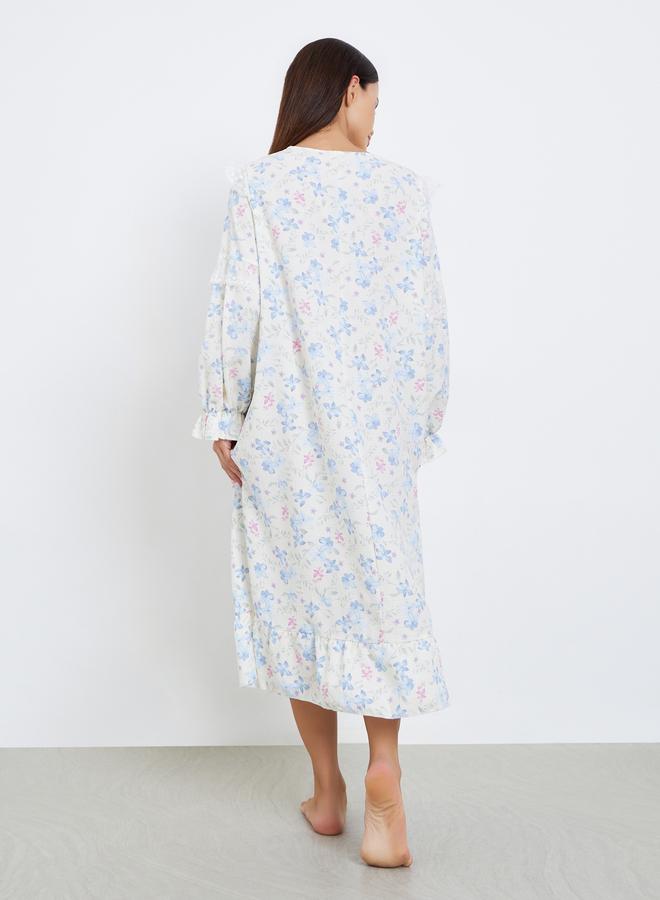 ستايلي قميص نوم مطرز بزهور ناعمة وفيونكة وحافة مكشكشة - Image 4