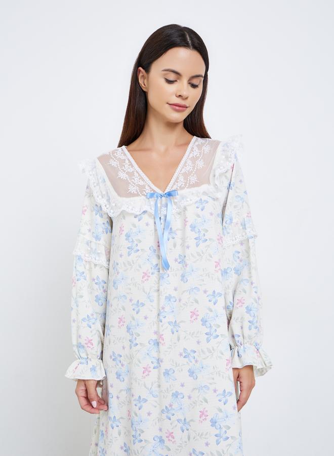 ستايلي قميص نوم مطرز بزهور ناعمة وفيونكة وحافة مكشكشة - Image 2
