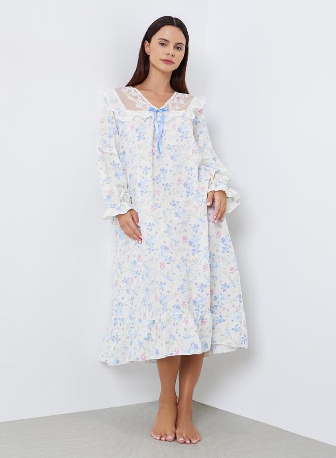 ستايلي قميص نوم مطرز بزهور ناعمة وفيونكة وحافة مكشكشة - Image 1