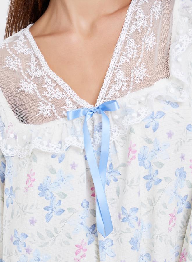 ستايلي قميص نوم مطرز بزهور ناعمة وفيونكة وحافة مكشكشة - Image 3