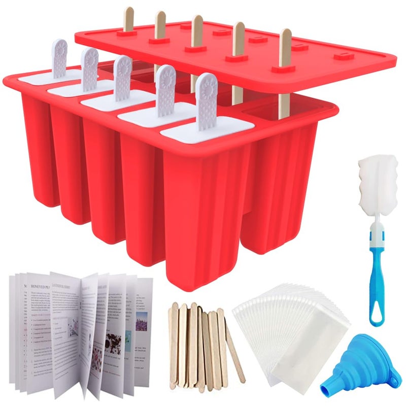 Miaowoof Homemade Popsicle Molds 10Cav NonBPA Silicone Ice Pop Maker with 50 Sticks 50 Bags 10 Reusable Sticks Funnel Brush and Ice Pop Recipe Red