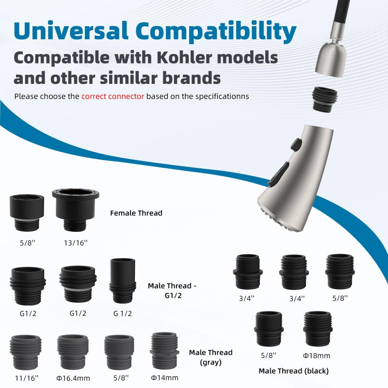 Hibbent Curved Pull Down Kitchen Faucet Head Replacement, 3-Function Kitchen Sink Spray Nozzle with 14 Adapters, Anti-Splash, Compatible with Kohler Bent Faucets, Brushed Nickel - Image 3