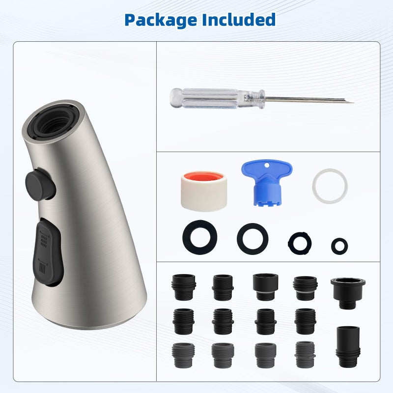 Hibbent Curved Pull Down Kitchen Faucet Head Replacement, 3-Function Kitchen Sink Spray Nozzle with 14 Adapters, Anti-Splash, Compatible with Kohler Bent Faucets, Brushed Nickel - Image 4