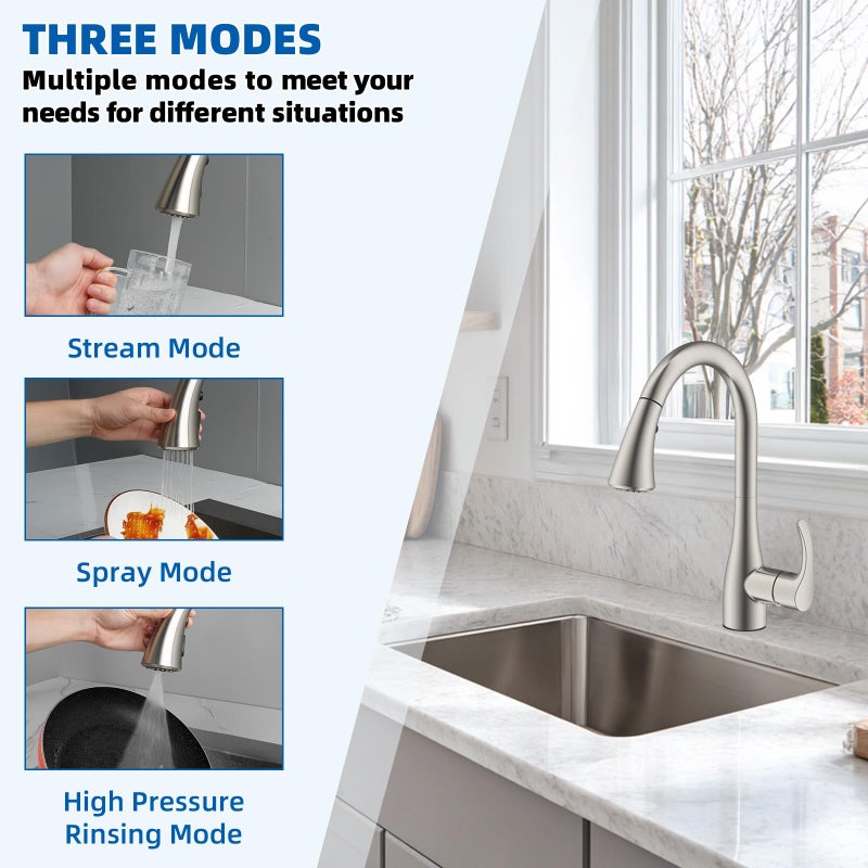 Hibbent Curved Pull Down Kitchen Faucet Head Replacement, 3-Function Kitchen Sink Spray Nozzle with 14 Adapters, Anti-Splash, Compatible with Kohler Bent Faucets, Brushed Nickel - Image 2