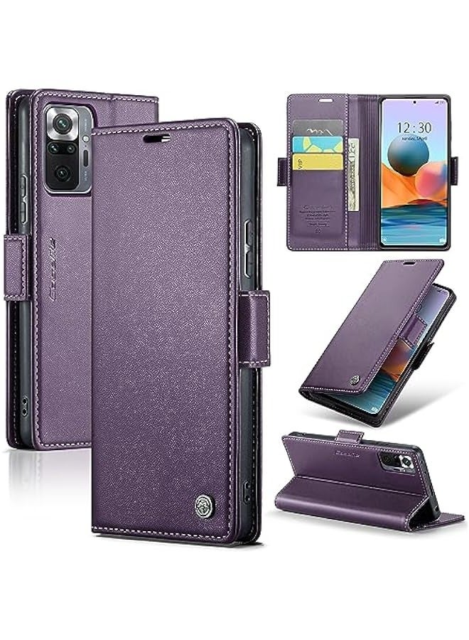 Xiaomi Redmi Note 10 Pro 4G\/Note 10 Pro Max Leather Flip Case - RFID Blocking Card Holder, Slim PU Folio Wallet Cover with Kickstand, Cash Slot, Magnetic Closure - Purple