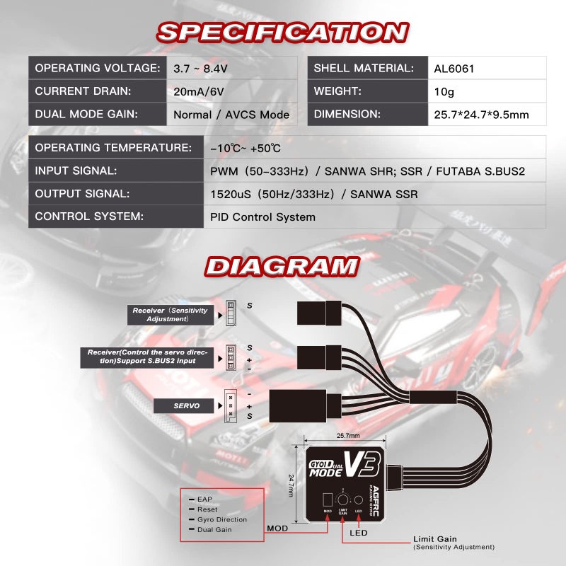 AGFRC DualGain Drift RC Gyro  Tuned Rated Gyros with Aluminum Case for RC Car Truck Boat GY01 V3 - Image 3