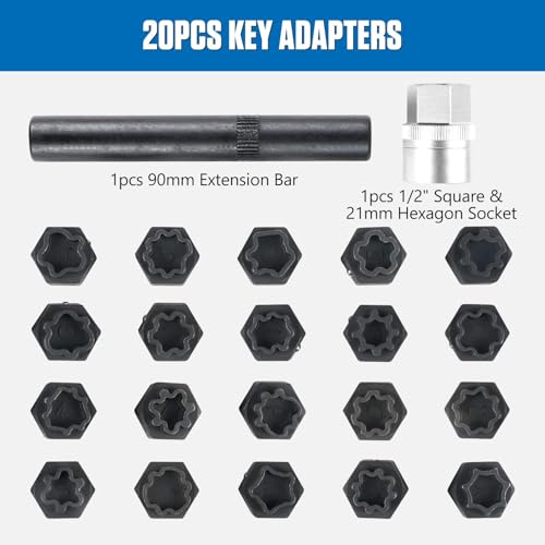 YUANRI 22 PCS Wheel Locks Kit Compatible with Audi Series, Lug Nut Removal Set With Adapter, Automotive Wheel Lock Nuts Key Socket Set - Image 3
