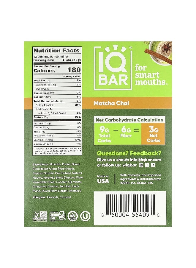 IQ BAR IQBAR, Plant Protein Bar, Matcha Chai, 12 Bars, 1.6 oz (45 g) Each - Image 2