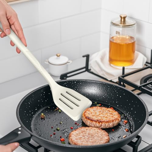 USECANO Silicone Cooking Utensils Set - 600°F Heat Resistant, Nonstick Kitchen Utensil Set with Spatulas, Spoons, Whisk, Tongs, BPA Free, Dishwasher Safe, Cream White - Image 4