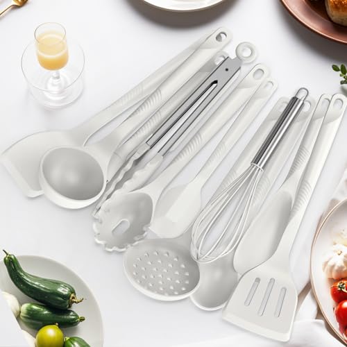 USECANO Silicone Cooking Utensils Set - 600°F Heat Resistant, Nonstick Kitchen Utensil Set with Spatulas, Spoons, Whisk, Tongs, BPA Free, Dishwasher Safe, Cream White - Image 3