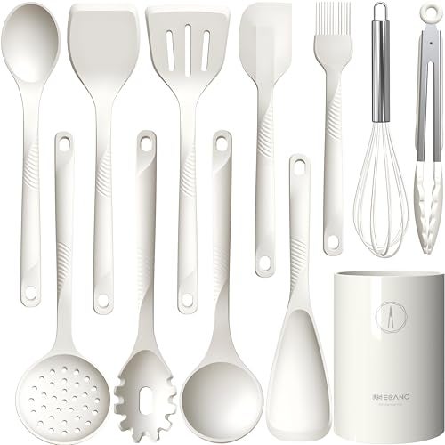 USECANO Silicone Cooking Utensils Set - 600°F Heat Resistant, Nonstick Kitchen Utensil Set with Spatulas, Spoons, Whisk, Tongs, BPA Free, Dishwasher Safe, Cream White - Image 1