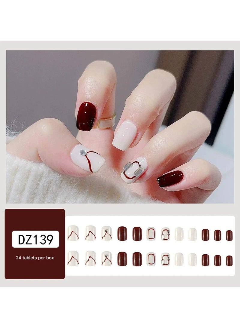 Goolsky Short Burgundy Color Block Handmade Press On Nails – Removable Fake Nail Tips for Girls, 24pcs Reusable, Sweet Daily/Casual Wear - Image 1