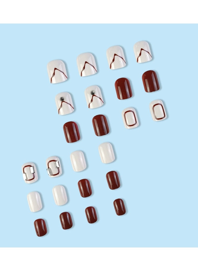 Goolsky Short Burgundy Color Block Handmade Press On Nails – Removable Fake Nail Tips for Girls, 24pcs Reusable, Sweet Daily/Casual Wear - Image 2