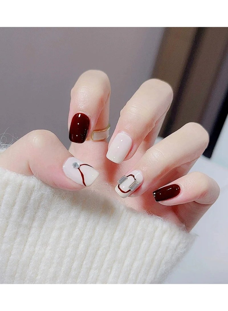 Goolsky Short Burgundy Color Block Handmade Press On Nails – Removable Fake Nail Tips for Girls, 24pcs Reusable, Sweet Daily/Casual Wear - Image 3