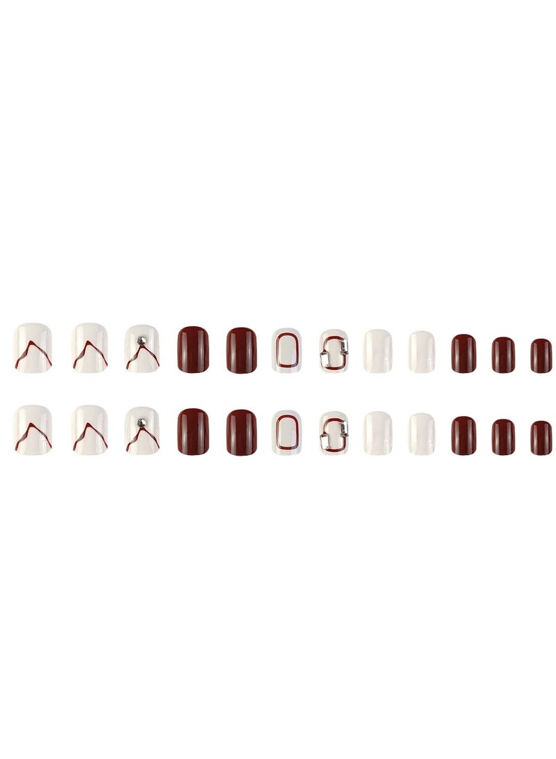 Goolsky Short Burgundy Color Block Handmade Press On Nails – Removable Fake Nail Tips for Girls, 24pcs Reusable, Sweet Daily/Casual Wear - Image 4