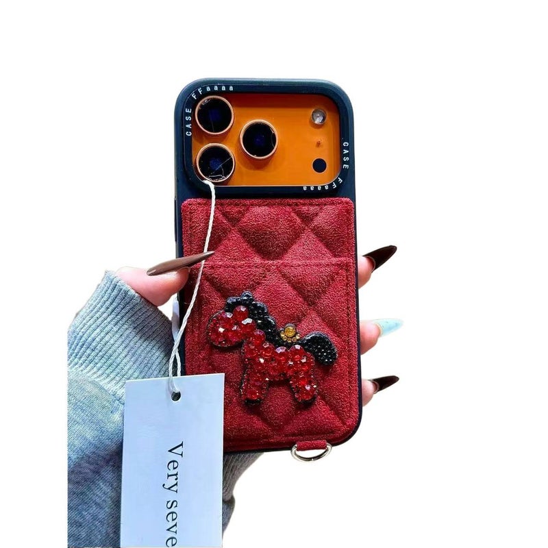 غطاء واقي بسيليكون لـ iPhone 16 / 16 Plus / 16 Pro / 16 Pro Max مع حامل بطاقات وحماية من السقوط مع مقاوم للصدمات مع نقشة حصان صغير باللون أحمر من السيليكون - Layan Lure - Image 1