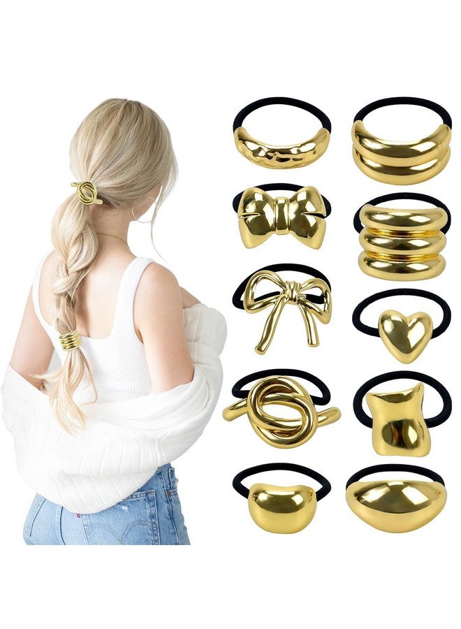 Diversa Metal Ponytail Hair Cuffs for Girls & Women, Glossy Elastic Ponytail Holders, Geometric Design, Hair Accessories Fashion Rubber Bands, Random 3 Pcs, Gold, Pack of 3 - Image 1