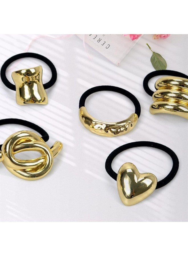 Diversa Metal Ponytail Hair Cuffs for Girls & Women, Glossy Elastic Ponytail Holders, Geometric Design, Hair Accessories Fashion Rubber Bands, Random 3 Pcs, Gold, Pack of 3 - Image 3