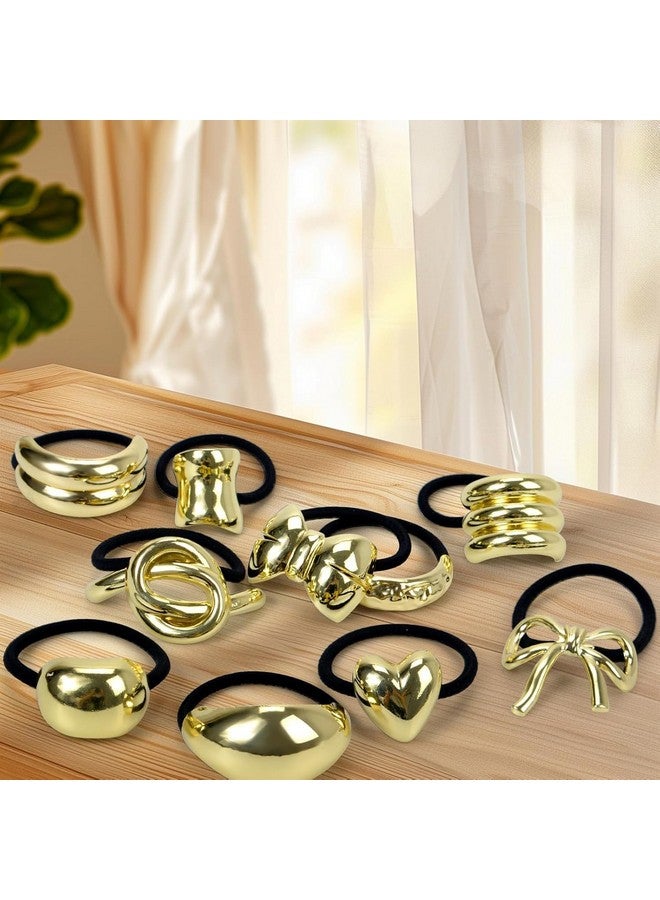 Diversa Metal Ponytail Hair Cuffs for Girls & Women, Glossy Elastic Ponytail Holders, Geometric Design, Hair Accessories Fashion Rubber Bands, Random 3 Pcs, Gold, Pack of 3 - Image 5