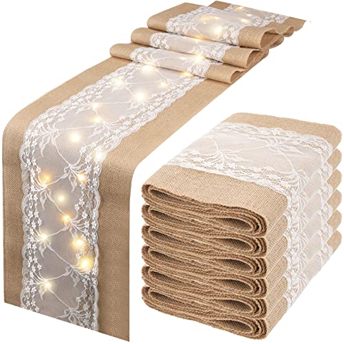 Xinnun 6 Pcs Burlap Table Runner with Lights 12 x 108 Inches Burlap Lace Table Runner Rustic Wedding Decorations Home Party (Vine) - Image 1
