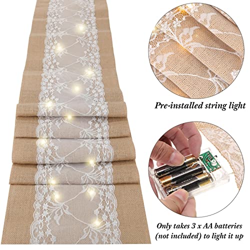 Xinnun 6 Pcs Burlap Table Runner with Lights 12 x 108 Inches Burlap Lace Table Runner Rustic Wedding Decorations Home Party (Vine) - Image 2
