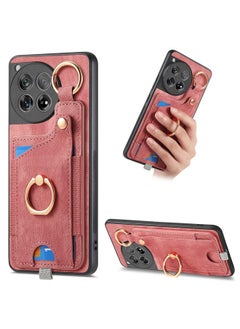 For OnePlus 12 5G Retro Skin-feel Ring Card Bag Phone Case with Hang Loop(Pink)