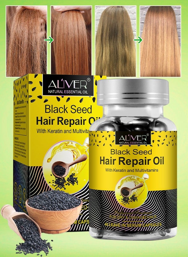 ALIVER 40 Pcs Black Seed Hair Repair Oil Capsules Organic Black Seed Oil with Keratin & Multivitamins Black Seed Hair Repair Oil Shines Nourishing Repair Dry & Damaged Hair Treatment Leave-In Serum - Image 1