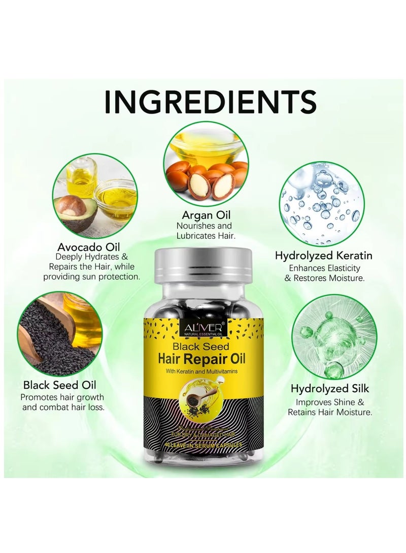 ALIVER 40 Pcs Black Seed Hair Repair Oil Capsules Organic Black Seed Oil with Keratin & Multivitamins Black Seed Hair Repair Oil Shines Nourishing Repair Dry & Damaged Hair Treatment Leave-In Serum - Image 5