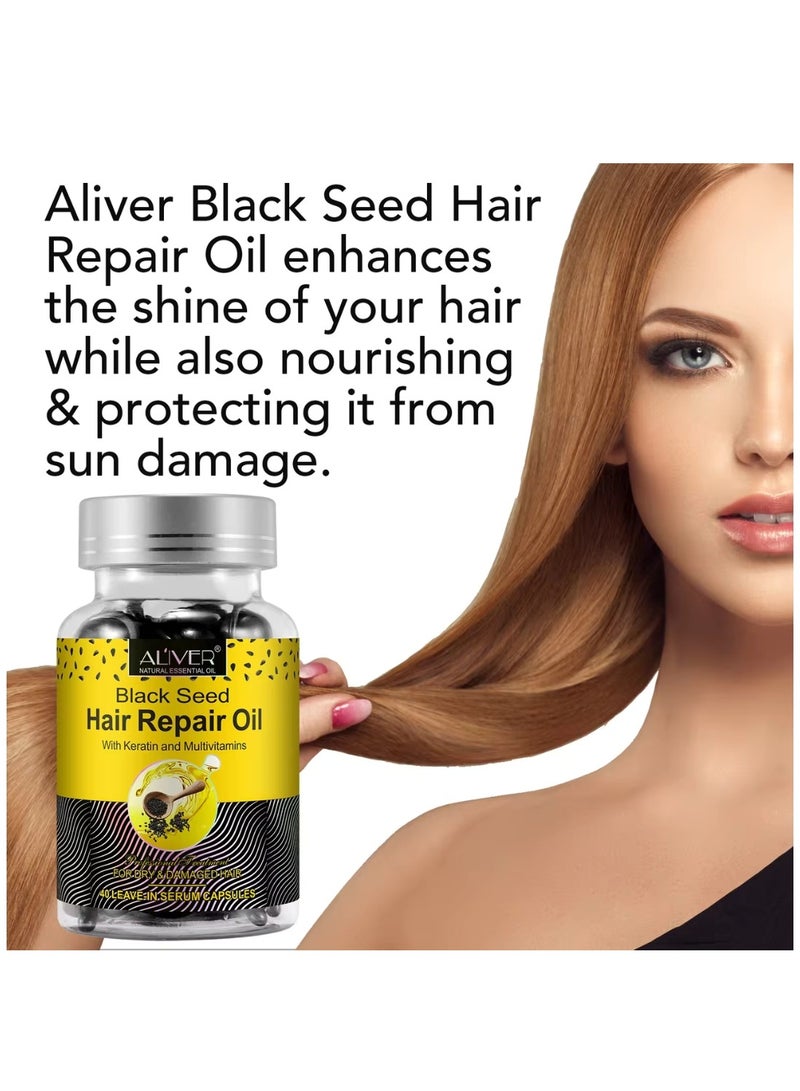 ALIVER 40 Pcs Black Seed Hair Repair Oil Capsules Organic Black Seed Oil with Keratin & Multivitamins Black Seed Hair Repair Oil Shines Nourishing Repair Dry & Damaged Hair Treatment Leave-In Serum - Image 3