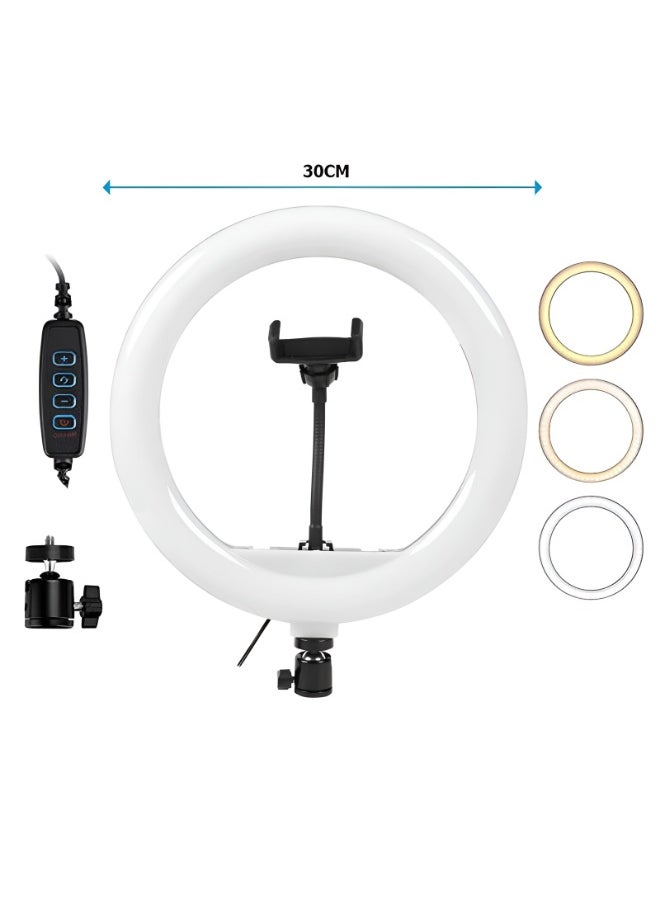 12-inch Ring Light Model M-300 with Mobile Holder, White and Yellow LED Lighting, 3 Professional Color Temperatures for Live Streaming, Selfies, and Beautification, USB Charging  - Image 3