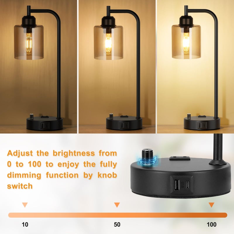 Innqoo Industrial Bedside Lamps for Nightstand Set of 2 - Fully Dimmable Bedroom Lamps with USB A C Ports and Outlet, Black Table Lamps with Amber Glass Shade for Living Room, Desk Lamps for Office Reading - Image 2