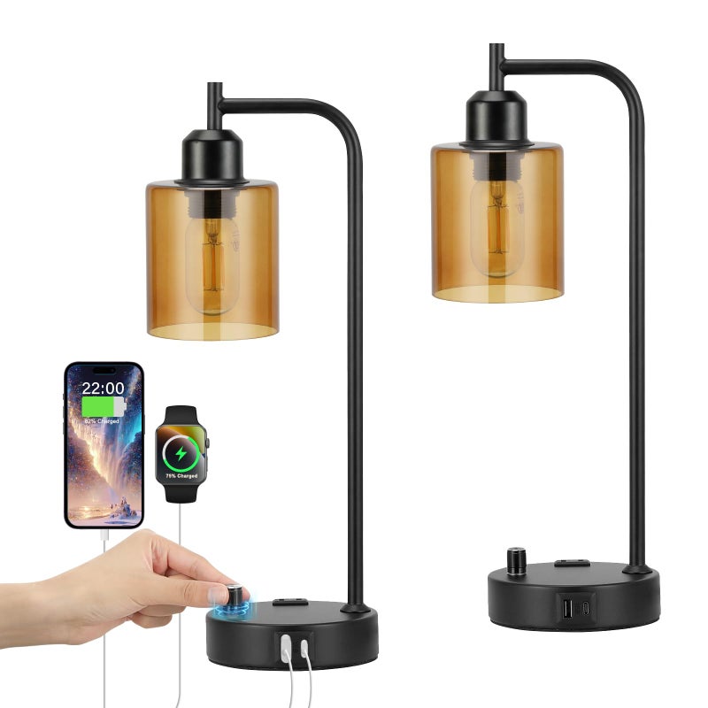 Innqoo Industrial Bedside Lamps for Nightstand Set of 2 - Fully Dimmable Bedroom Lamps with USB A C Ports and Outlet, Black Table Lamps with Amber Glass Shade for Living Room, Desk Lamps for Office Reading - Image 1