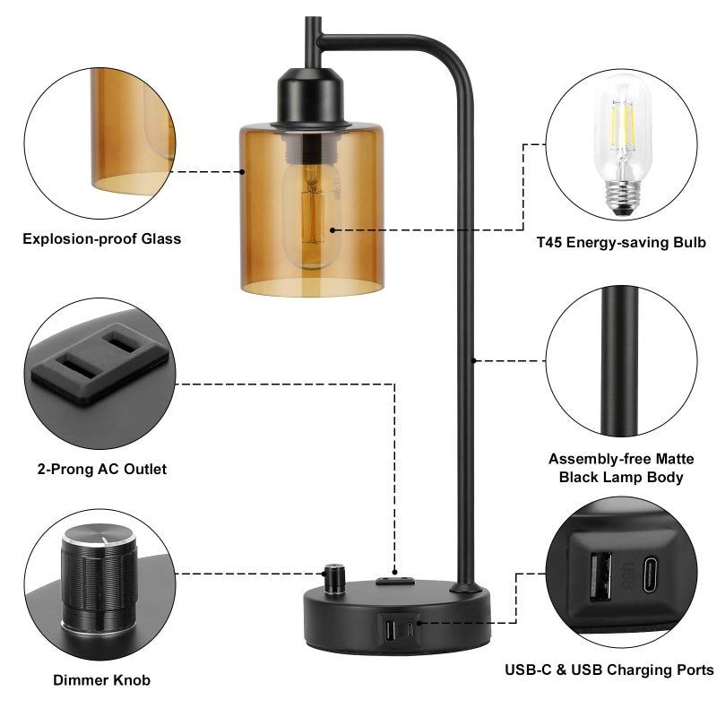 Innqoo Industrial Bedside Lamps for Nightstand Set of 2 - Fully Dimmable Bedroom Lamps with USB A C Ports and Outlet, Black Table Lamps with Amber Glass Shade for Living Room, Desk Lamps for Office Reading - Image 5