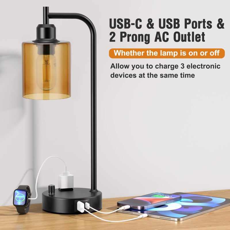 Innqoo Industrial Bedside Lamps for Nightstand Set of 2 - Fully Dimmable Bedroom Lamps with USB A C Ports and Outlet, Black Table Lamps with Amber Glass Shade for Living Room, Desk Lamps for Office Reading - Image 4