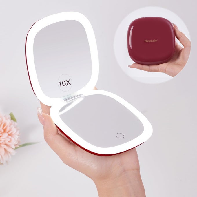 COMPACT LED TRAVEL MAKEUP MIRROR 4 INCHES 1X10X MAGNIFICATION TRAVEL MIRROR WITH LIGHT DIMMABLE DOUBLE SIDES LIGHTED USB RECHARGEABLE COMPACT MIRROR FOR PURSEPOCKETTRAVELWINE RED