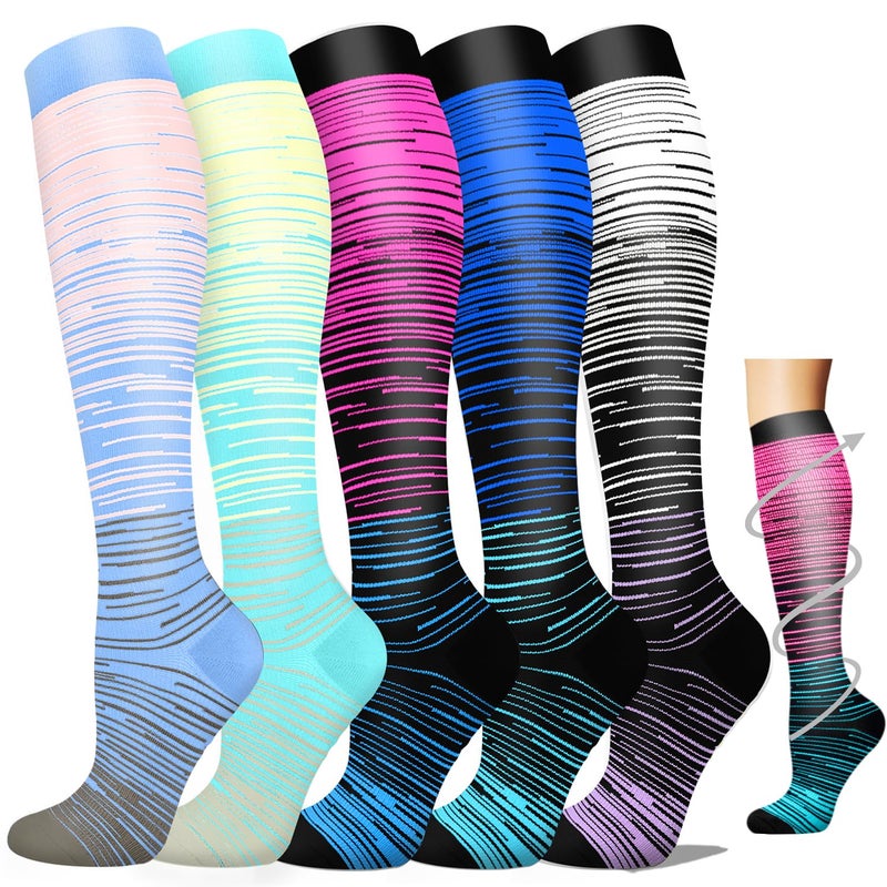 Hi Clasmix 5 Pairs Plus Size Compression Socks for Men & Women Wide Calf for Running, Men & Women, Performance Support for Marathon, Cycling, Training & Recovery, Breathable Athletic Fit(Stripe 03,2XL-3XL) - Image 1