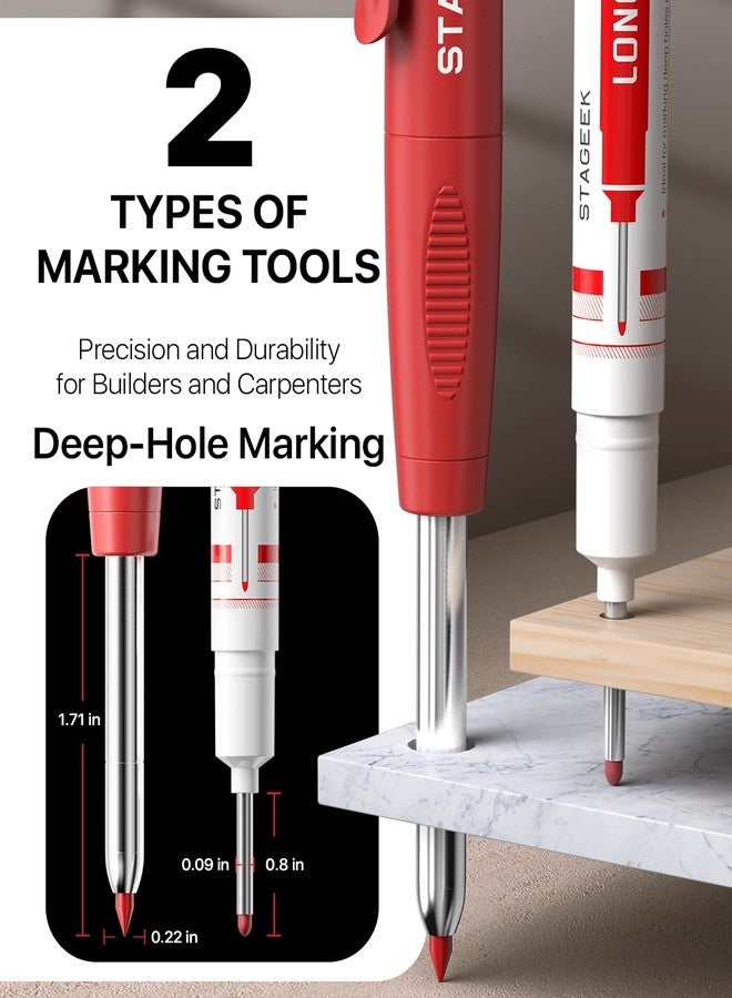 STAGEEK 2PCS Carpenter Pencils with Sharpener, Heavy Duty Woodworking Tools, Mechanical Pencil Set with 26 Refills, Deep Hole Long Nib Marker Pens for Architect Marking with Case (Black, Red) - Image 2