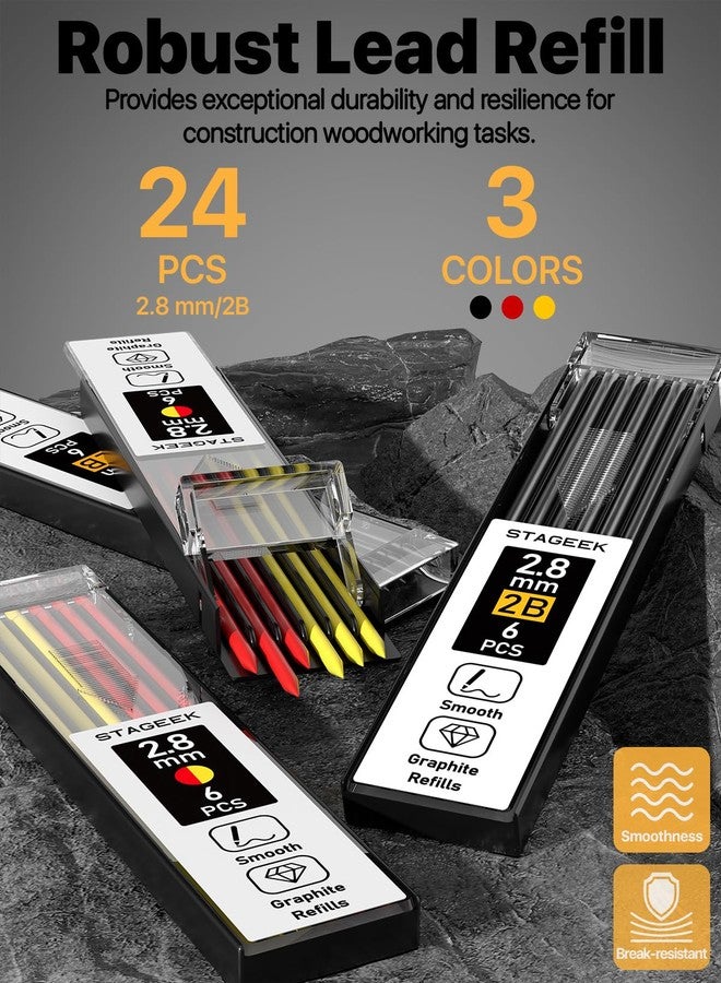 STAGEEK 2PCS Carpenter Pencils with Sharpener, Heavy Duty Woodworking Tools, Mechanical Pencil Set with 26 Refills, Deep Hole Long Nib Marker Pens for Architect Marking with Case (Black, Red) - Image 5