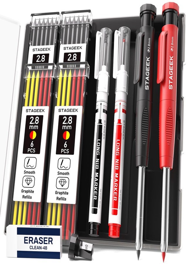 STAGEEK 2PCS Carpenter Pencils with Sharpener, Heavy Duty Woodworking Tools, Mechanical Pencil Set with 26 Refills, Deep Hole Long Nib Marker Pens for Architect Marking with Case (Black, Red) - Image 1