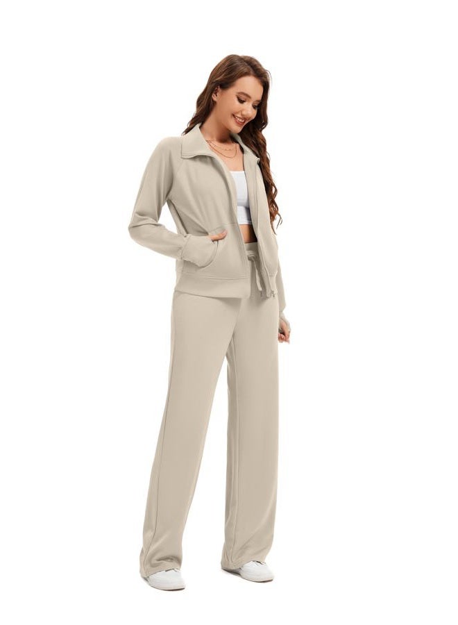 SIXSTAR Women Two Piece Outfits Sweatsuit Zip Up Sweatshirt Wide Leg Sweatpant Matching Travel Tracksuit Lounge Sets, Apricot, M - Image 4