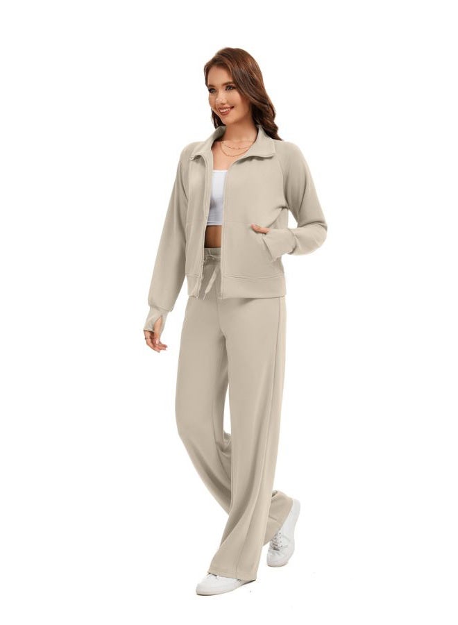 SIXSTAR Women Two Piece Outfits Sweatsuit Zip Up Sweatshirt Wide Leg Sweatpant Matching Travel Tracksuit Lounge Sets, Apricot, M - Image 5