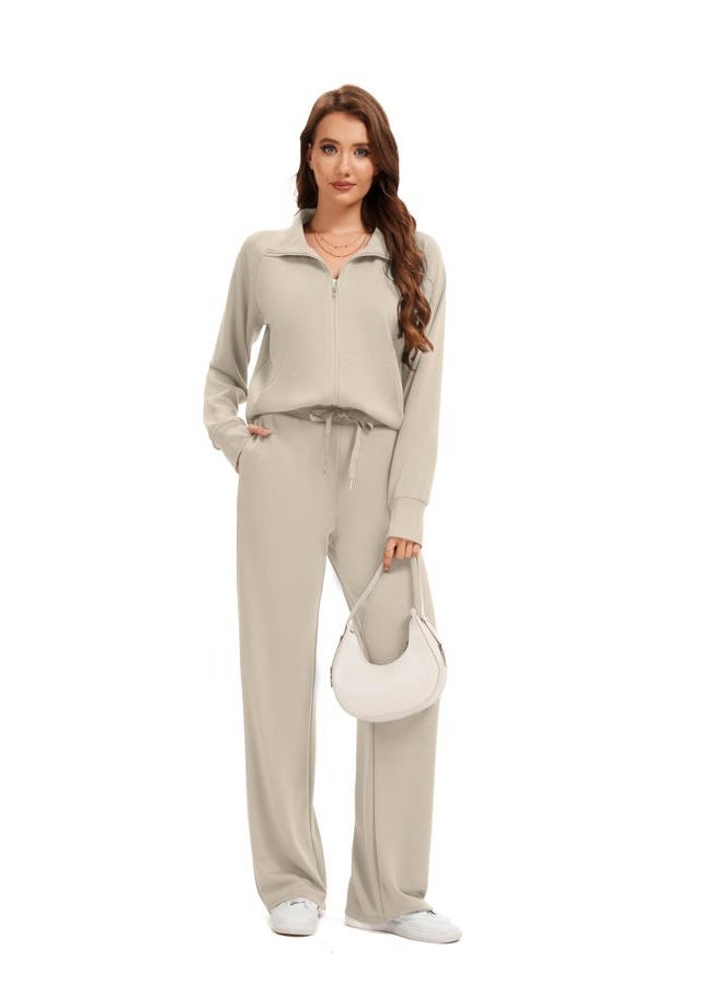 SIXSTAR Women Two Piece Outfits Sweatsuit Zip Up Sweatshirt Wide Leg Sweatpant Matching Travel Tracksuit Lounge Sets, Apricot, M - Image 2