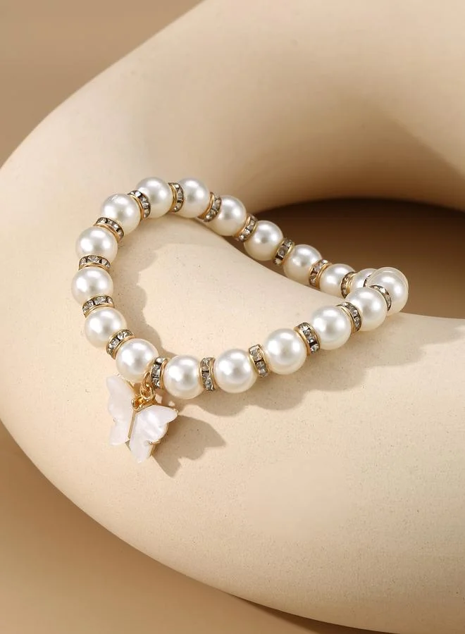 تايك تو White Pearls and Rhinestone Embellished with Butterfly Charm Bracelet